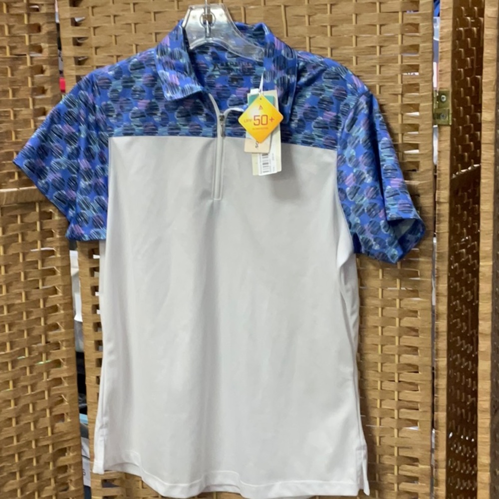 Men's Short Sleeve Polo with Blue Patterned Yoke and White Body